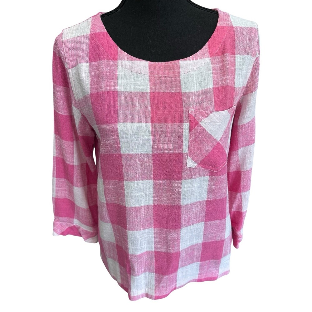 Orvis Pink White Linen-Blend Buffalo Check Button-Back‎ Blouse Top Sz S Cottage